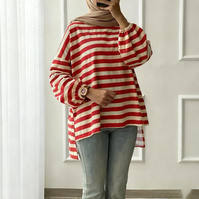 

ZANZEA Women Stripe Print Loose Casual Round Neck Long Sleeve T-Shirts S