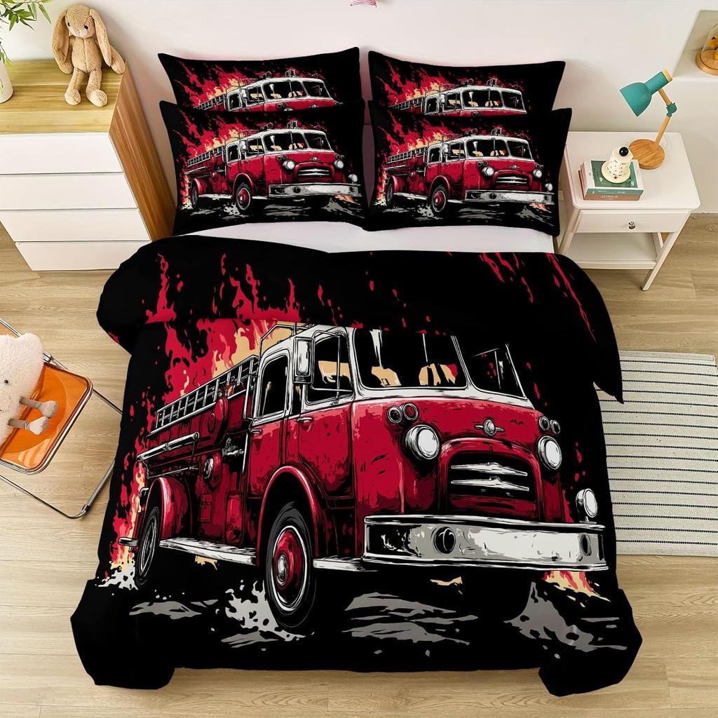 Cartoon Fire Truck Microfiber Anime Quilt Cover with Zipper,Childrens Bedding Comforter Set Duvet Cover and Pillowcases 75*50cm