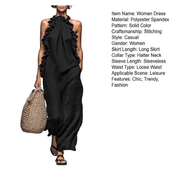 Summer Maxi Dress for Women Ruffle Halter Sleeveless Long A-Line Dress Casual Beach Vacation Flowy Sundress