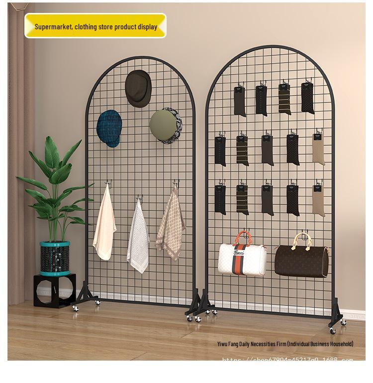 Mobiler Eisen-Gitter-Regal-Display-Ständer mit Haken