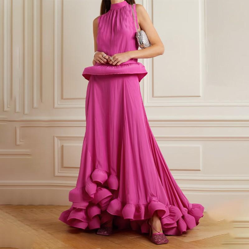 

Pleated Stand-neck Sleeveless Top Asymmetrical Stitching Flounce Skirt Two-piece Set XL рожевий червоний колір