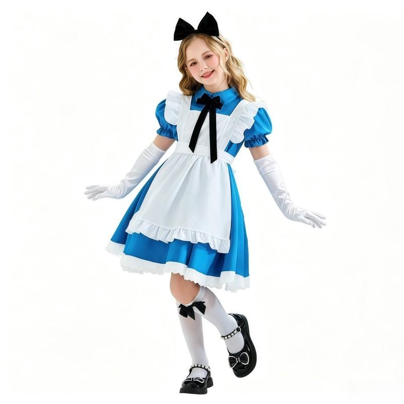 Kids Alice In Wonderland Cosplay Costume Set - Black Maid Dress With Apron Bow Hairband Stockings Halloween Party Performance