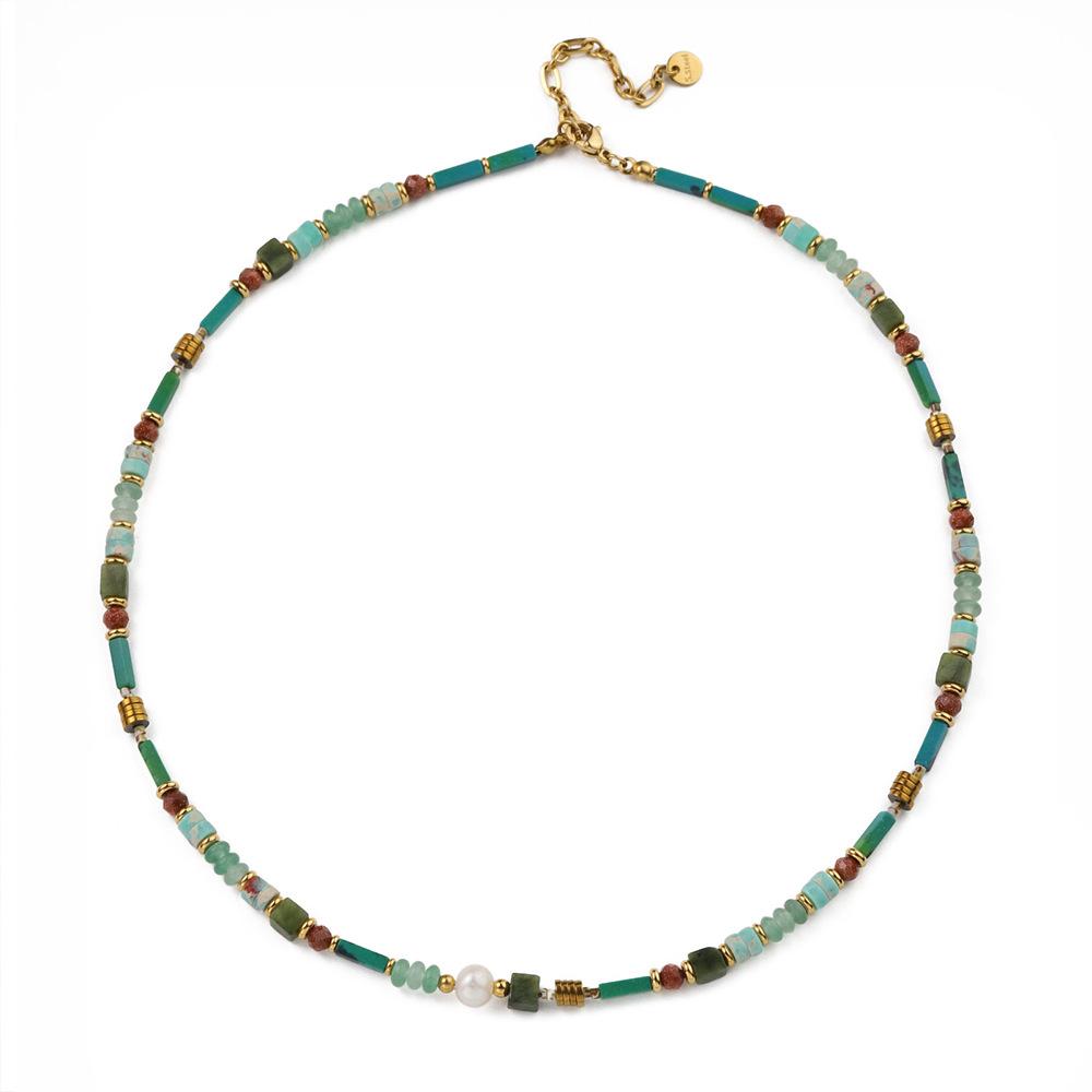 European and American retro natural blue apatite handmade beaded titanium steel necklace pendant natural turquoise collarbone chain