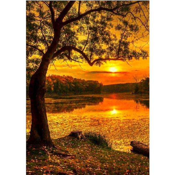 DIY-Diamantgemälde, untergehende Sonne, Landschaft, Kreuzstich, volle runde Diamantmalerei, Strasssteine