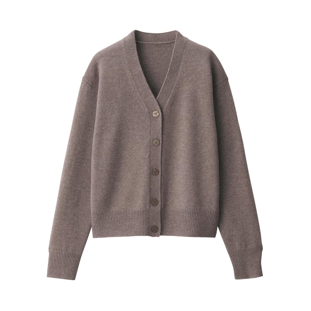 MUJI Washable Wool Dark Mocha Size BA1P5A4A Women's Mid-Gauge V-Neck Cardigan, Brown, XL,