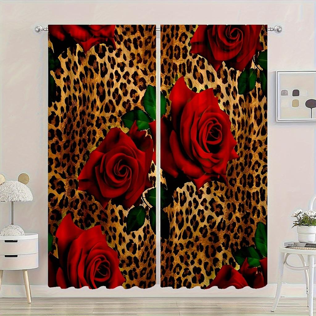 2pcs- Leopard Print Rose Polyester Curtains, Pole Bag Curtains 42*84, Bedroom, Living Room, Home Room Decoration