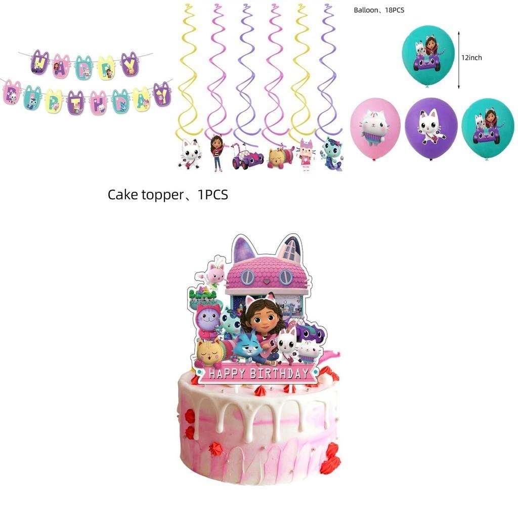 Komplettes Gabby's Dollhouse Kinderparty Deko-Set mit wiederverwendbaren Bannern, Ballons und Kuchenfiguren