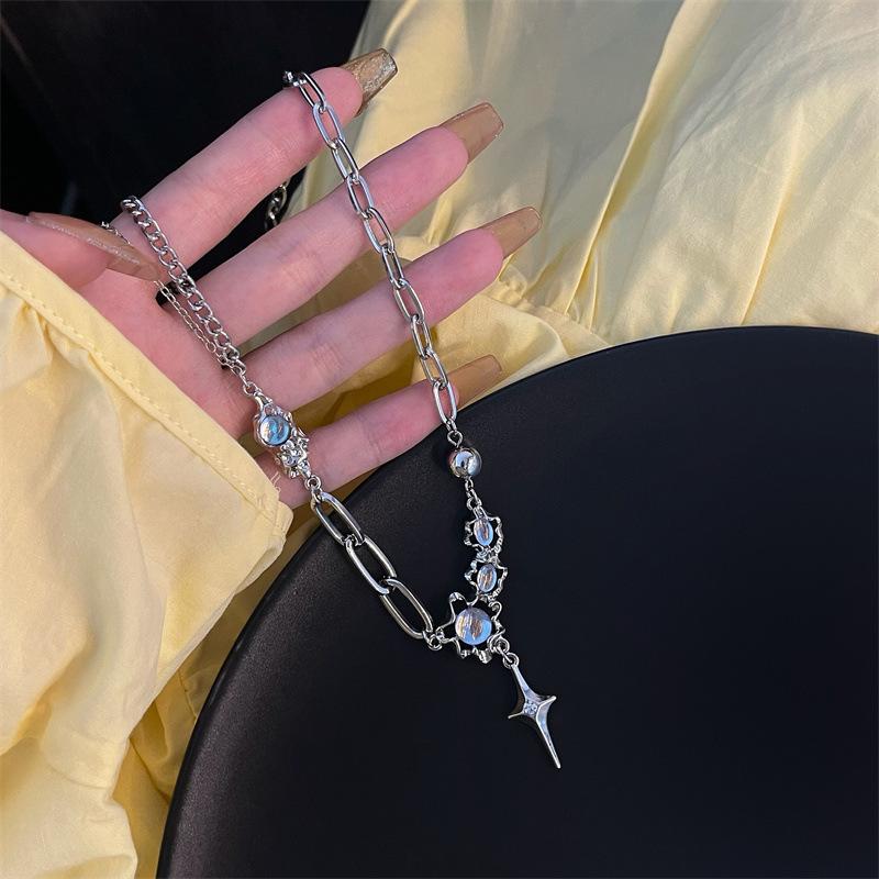 Moonstone Cross Necklace Women s Summer Niche Design Sense Spice Girl Collarbone Chain Accessories