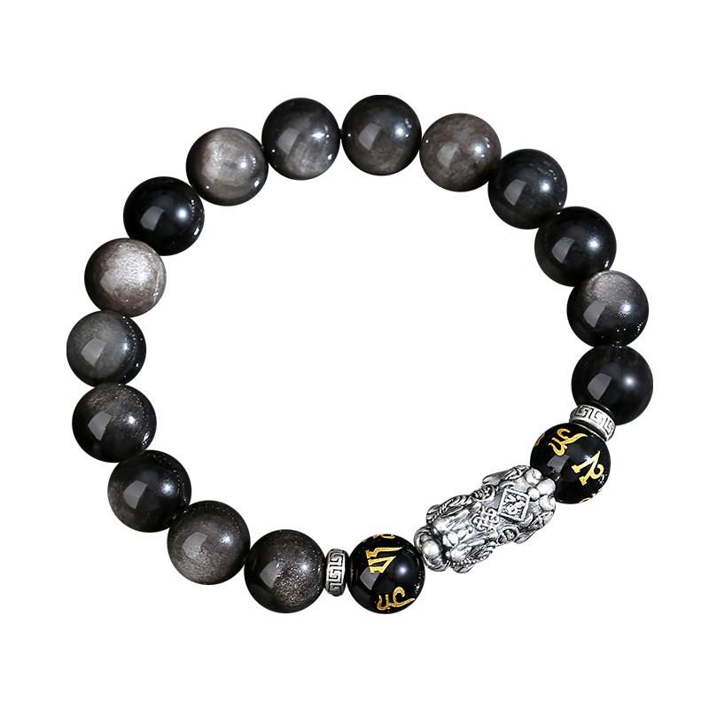 Natural Obsidian Beaded Bracelet Men Retro Style Pixiu Jewelry 10mm 17 Beads Handmade
