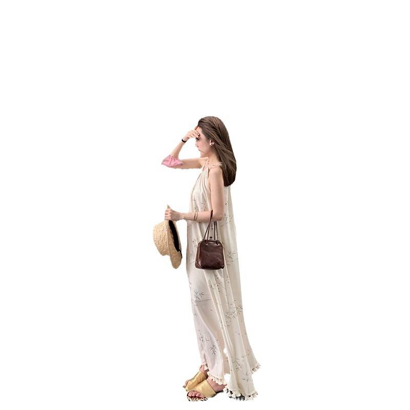Retro Temperament Vacation Style Sleeveless Baggy Neck Dress Women's Summertime New Long Dress