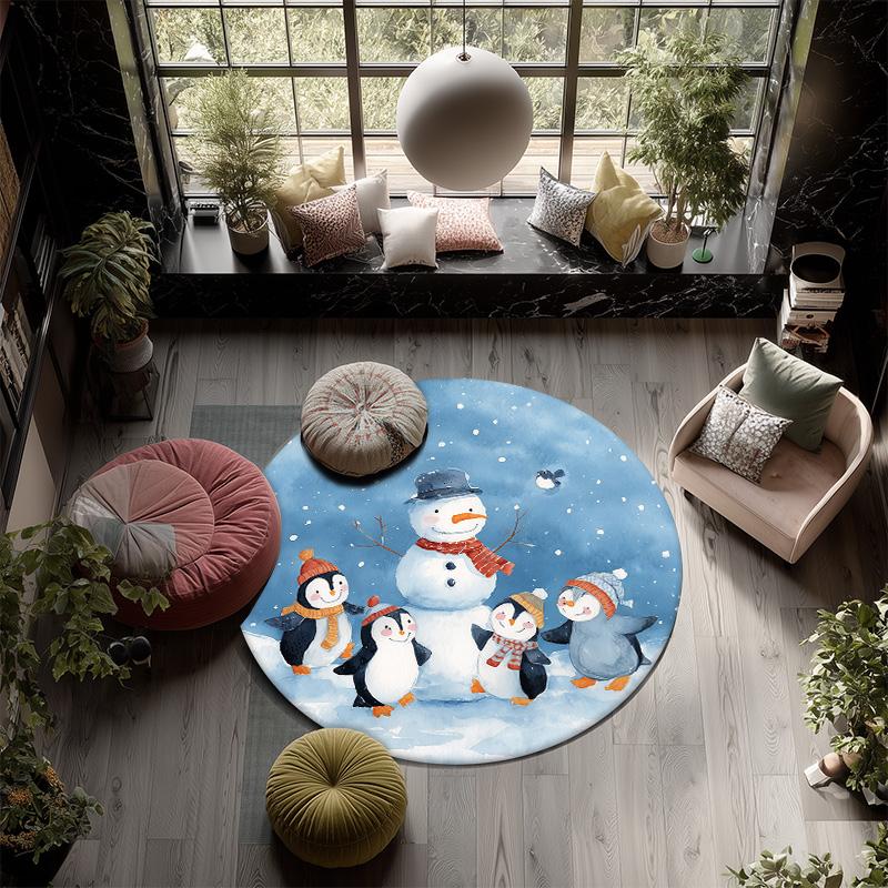 Snowy Day Penguin,Round Area Rug,Carpet Rug for Living Room Bedroom Sofa Playroom Decor,Non-slip Floor Mat