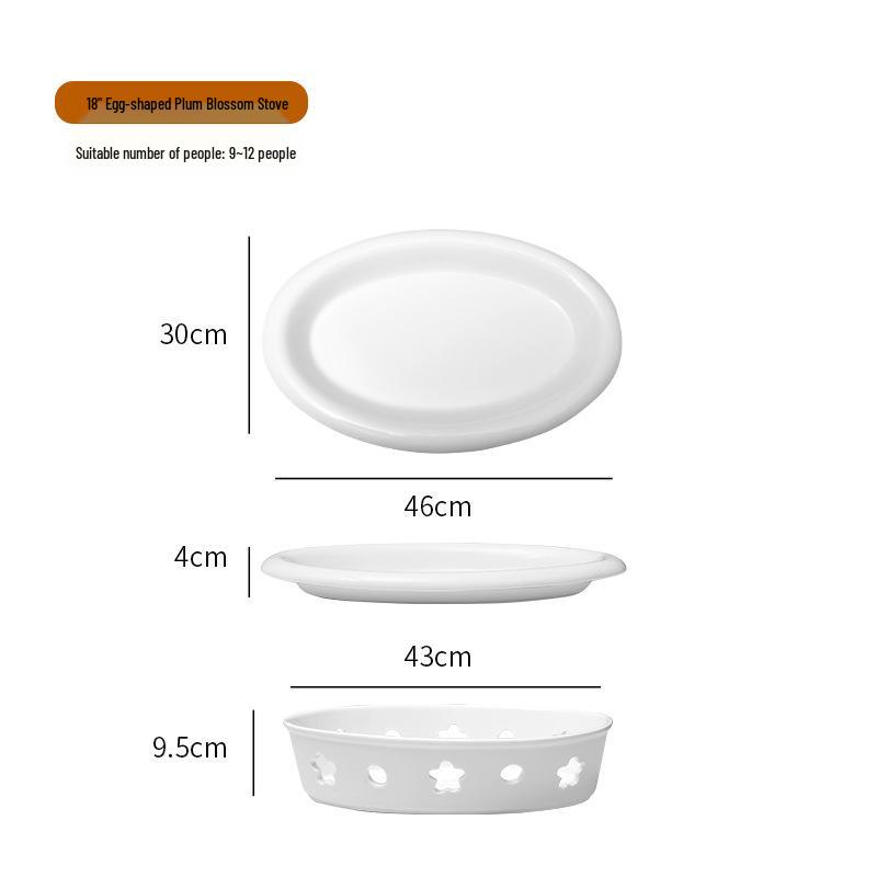 Ceramic Egg-Shaped Plum Blossom Grilled Fish and Warming Plate with White Round Heating Dry Pot Stove.