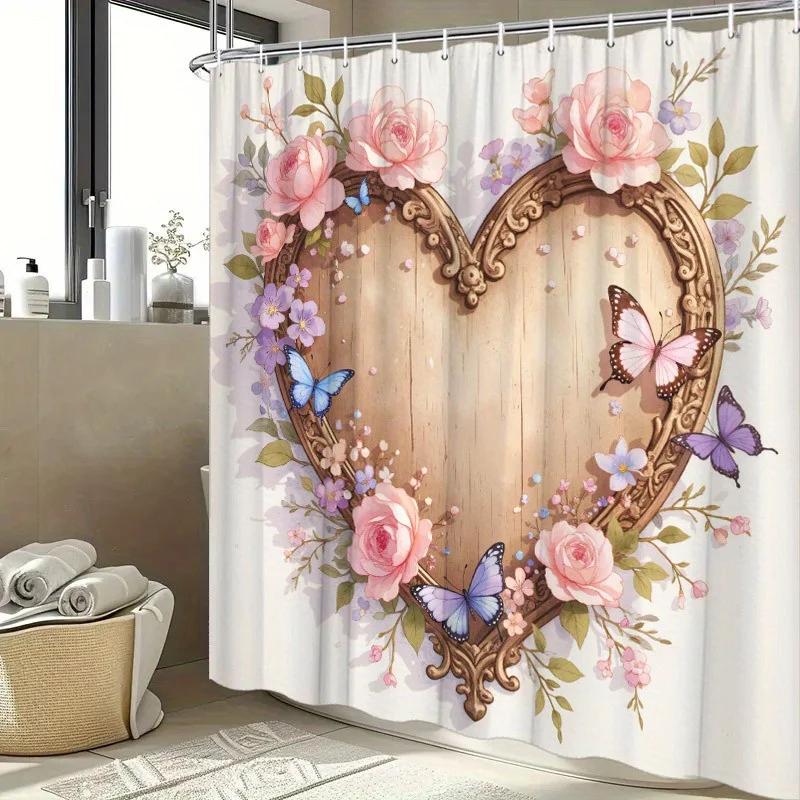 1pc Wooden Heart Shower Curtain - Romantic Floral & Butterflies, Soft Pastel Colors, Vintage Design