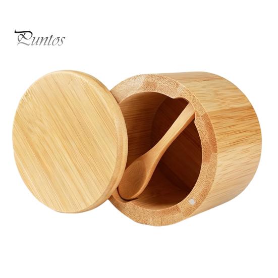 Reusable Wooden Seasoning Box Wood Salt Container with Swivel Magnetic Lid, Built-in Spoon Decorative Spice Keeper Jar, Moisture Proof for Kitchen
