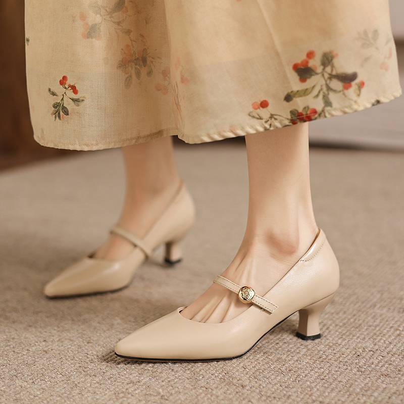 Krazing Pot Genuine Leather Round Toe Thin Heels Summer Shoes Solid Big Size 42 Shallow Decoration buckle Women Shallow Pumps