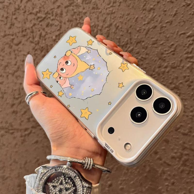 Silver Foil Star Cartoon Case for Apple 11/12/13/14/15/16/17 Pro and Pro Max