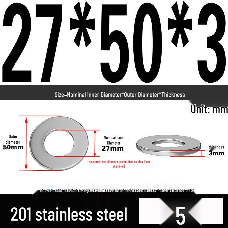 201 Stainless Steel Flat Washer Shim, GB97, Sizes M3 to M30