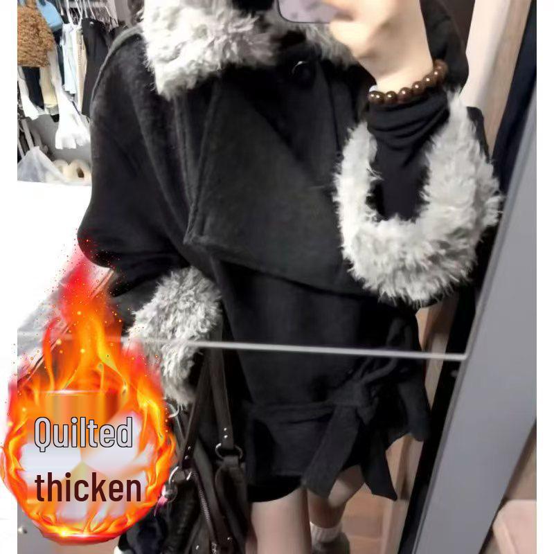

Korean-Style High-End Coffee Plush Patchwork Winter Coat for Women – Versatile, Slimming, and Thickened Woolen Design Small