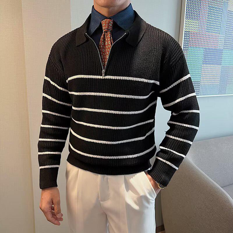 Men's Design-Inspired Half-Zip Striped Sweater: Autumn/Winter Casual Long-Sleeve Knitwear with Loose Lapel