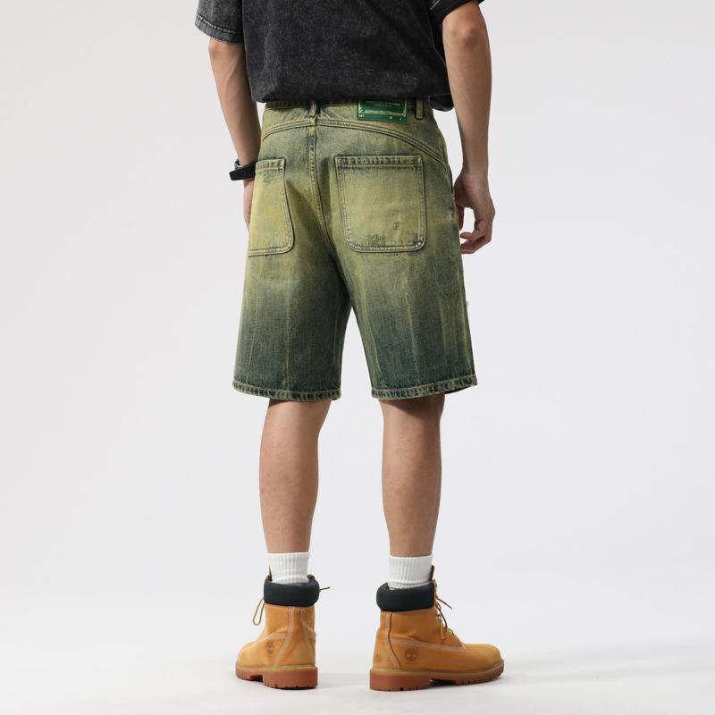 New Summer Retro Old Ripped Denim Shorts Men's Loose Straight Cutout Pants