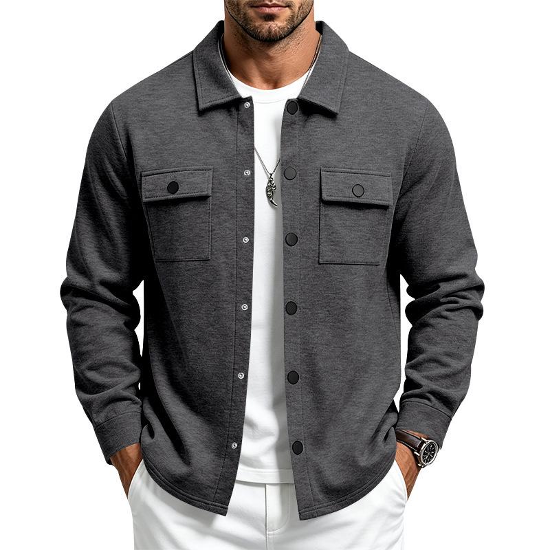 Men's Snap‑Button Shirt Jacket, Point Collar, Dual Chest Flap Pockets, Long Sleeve, Soft Knit Lightweight Casual Shacket Overshirt for Men