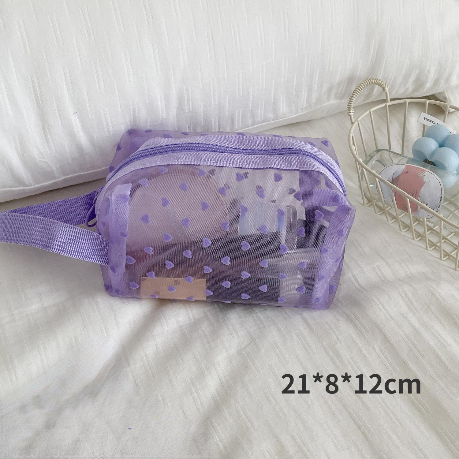 

Нейлоновая сетчатая сумка с фиолетовым принтом в форме сердца, прозрачная видимая косметичка, сумка для хранения косметики, органайзер для путешествий