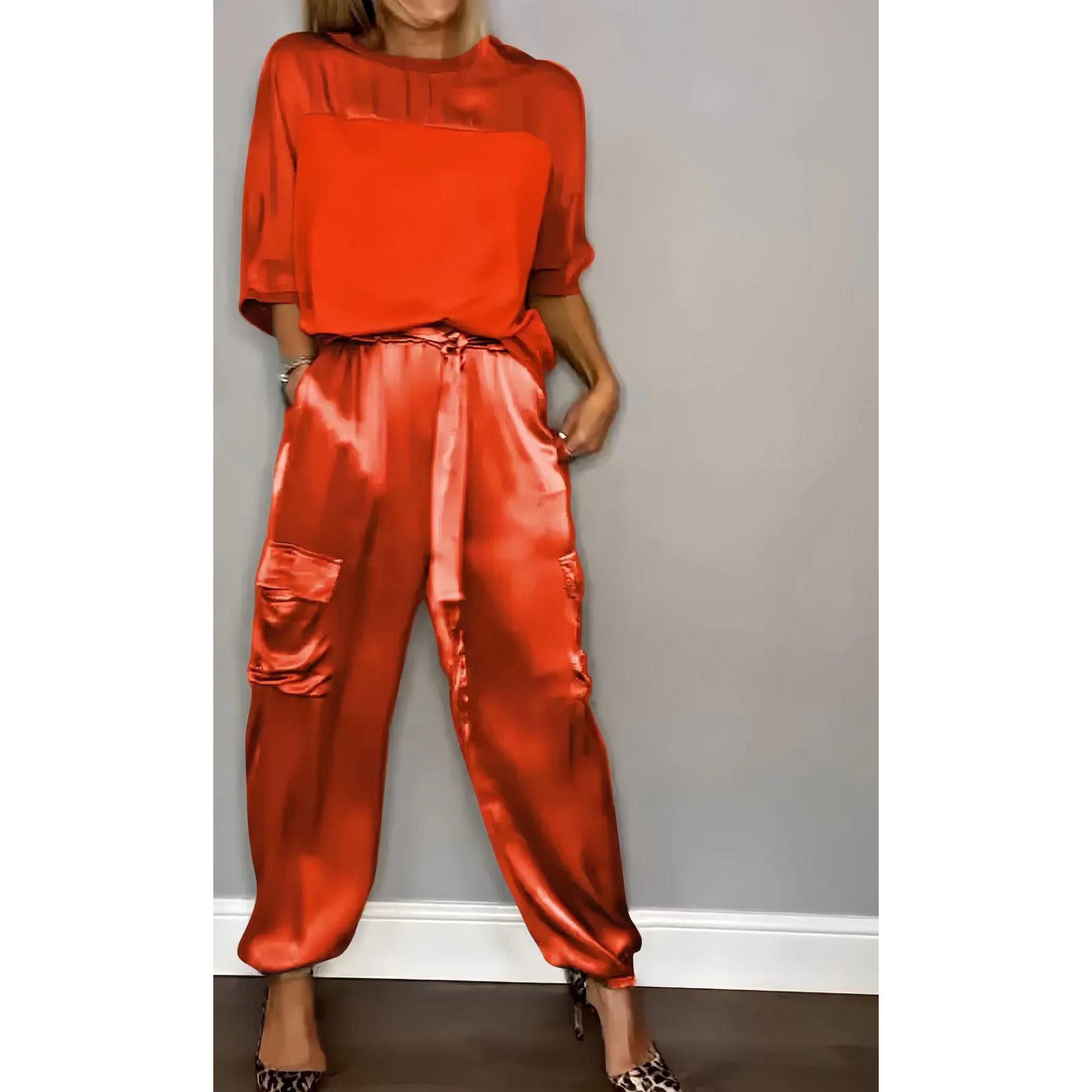 

Spring Women s Fashionable Smooth Satin Half Sleeve Top With Strap Pants Pocket Set Half Sleeve Pants Two Piece Set L червоний