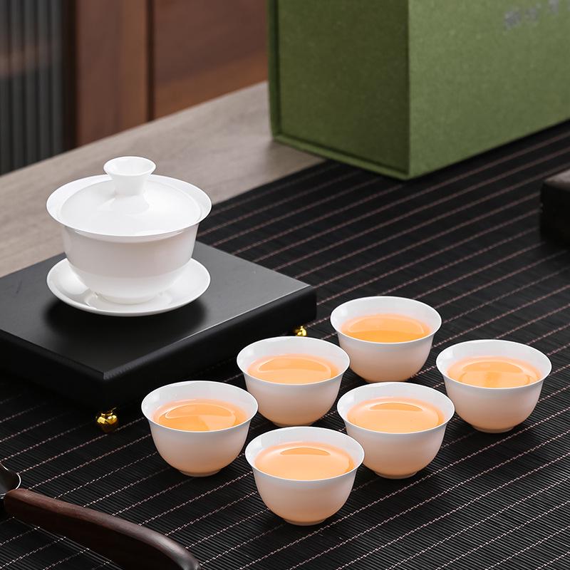 Bone China Sancai Gaiwan and Magnolia Thin-Walled Tea Set with Tasting Cups and Gift Packaging