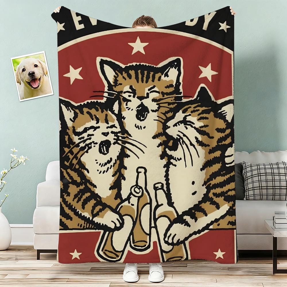 Funny Cheers Drunk Cats Throw Lightweight 240g Flannel Blanket Soft Skin-friendly for Summer Cooling 75x90cm