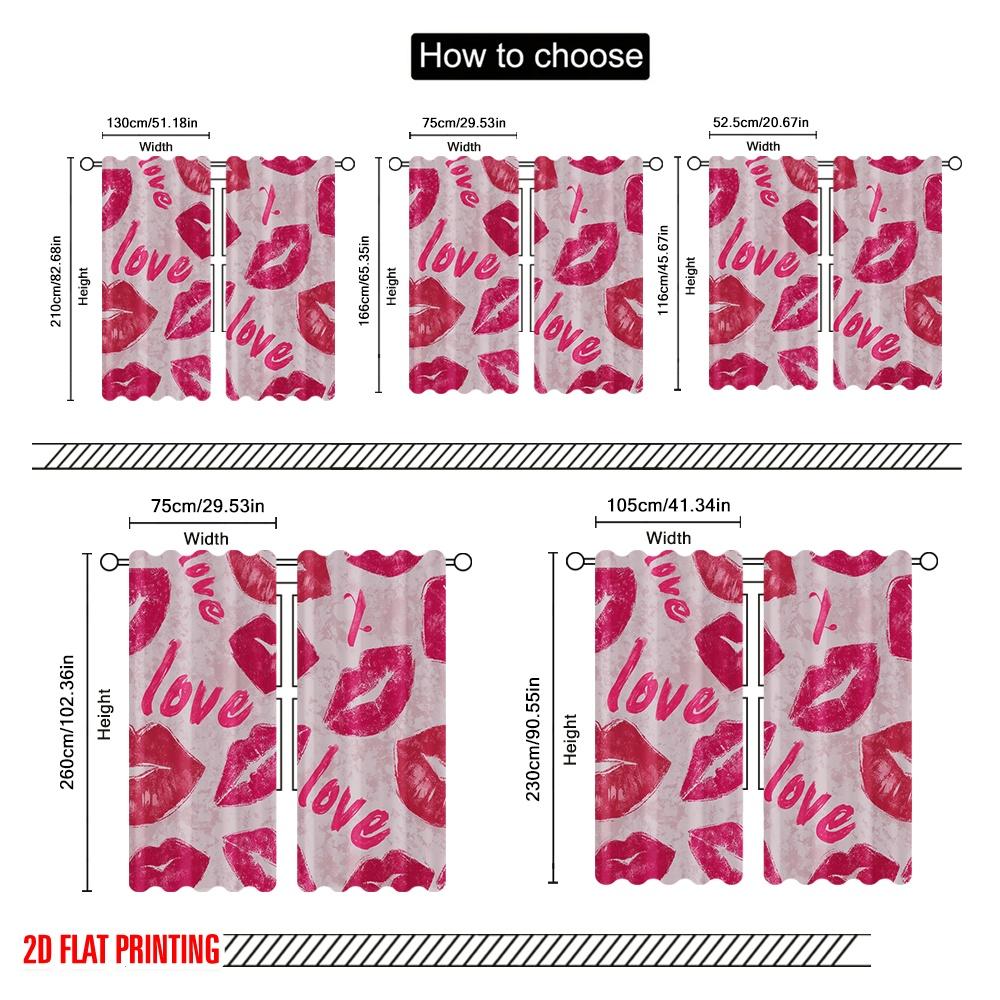 2pcs,2D plane printing Creative Curtains Pink Lips and Hearts Polyester Fabric (without rod) Versatile All Perfect for Bedroom,