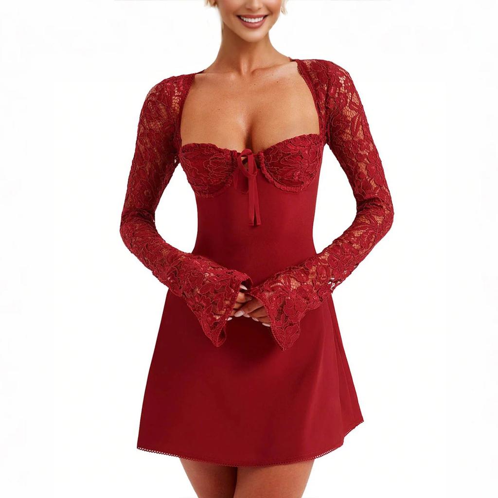 Elegantes Spitzenkleid für Damen, Spitzen-Patchwork, langärmelig, tief ausgeschnittenes Kleid, rückenfrei, Ausgehkleid