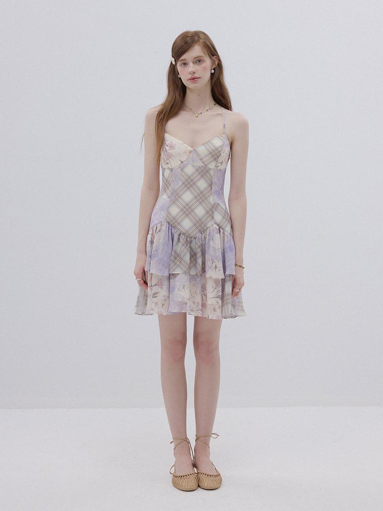 Sinseuden Lavender Floral Patchwork Mini Dress