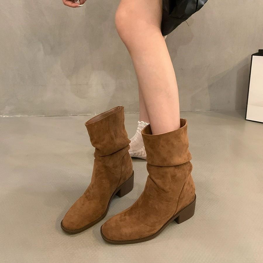 Retro Stacking Boots Women's Summer and Autumn 2025 New Thin Khaki Martin Boots Thick Heel Photo Cowboy Short Boots Women