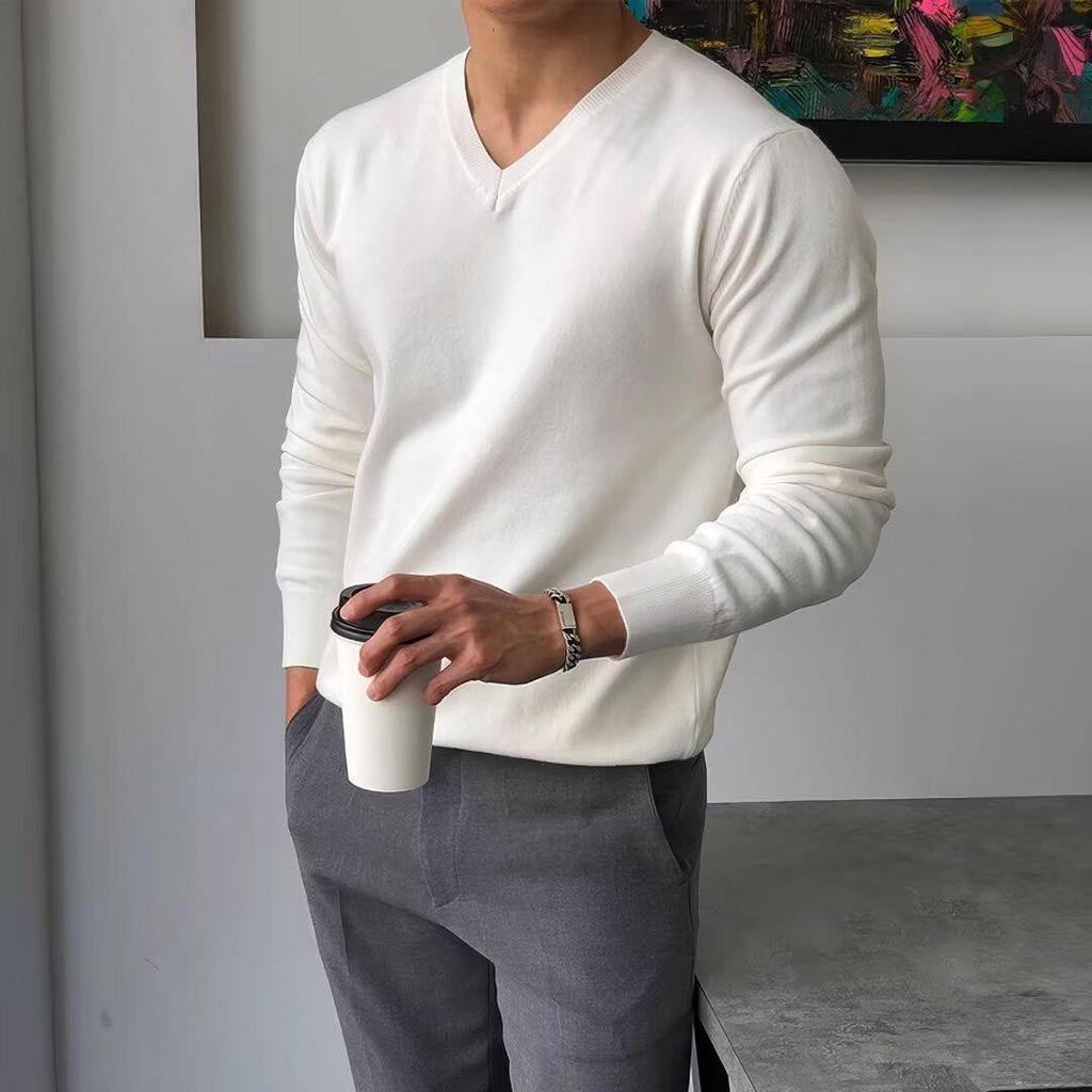 Herrtröja med V-hals i enfärgat: Trendig koreansk och Hongkong-stil, Vår/Höst Casual, Stilfull, Mångsidig, Lösstickad