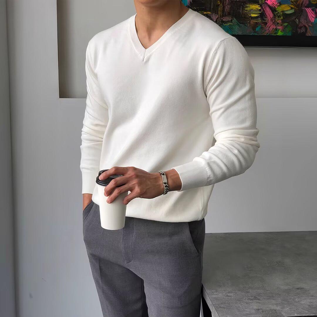 

Мужской однотонный свитер с V-образным вырезом: Модный корейский и гонконгский стиль, повседневный на весну/осень, красивый, универсальный, свободная вязка XL белый