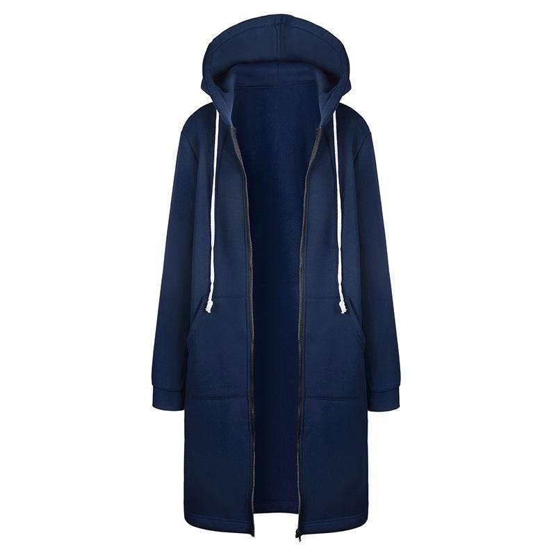 Women Coat Autumn Thicken Warm Long Hooded Jacket Plus Size Zipper Lady Sweater Solid Color Coat