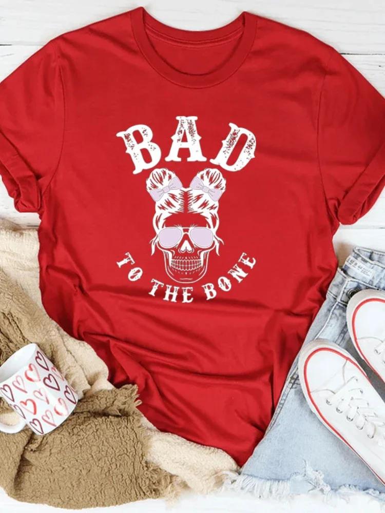 BAD TO THE BONE Skull Head Print Women T Shirt Short Sleeve O Neck Loose Women Tshirt Ladies Tee Shirt Tops Camisetas Mujer
