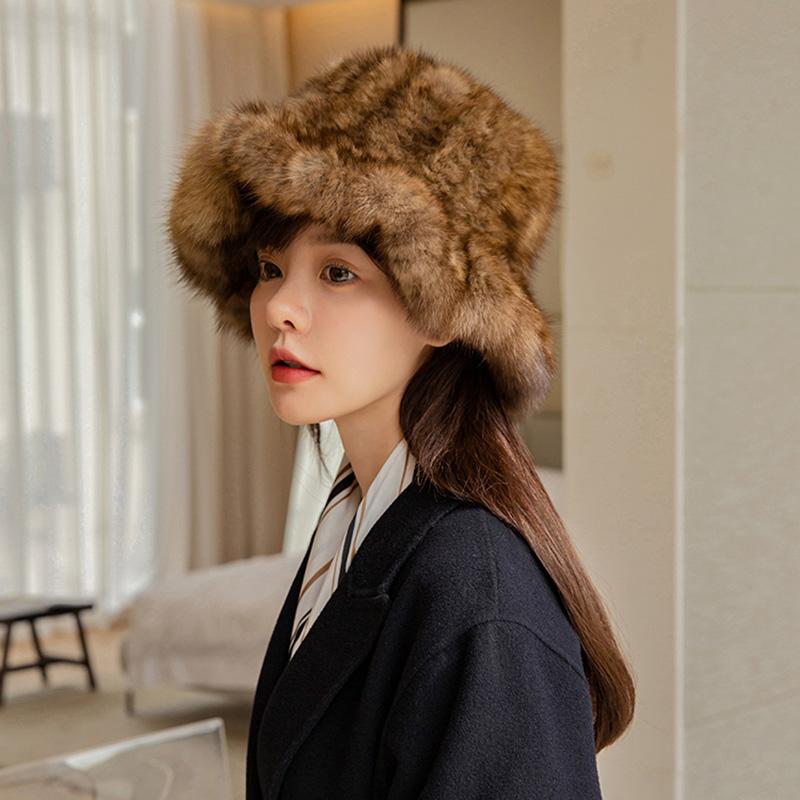 New Luxury Trendy Sable Mink Hats Warm Winter Fur Bucket Hat for Women