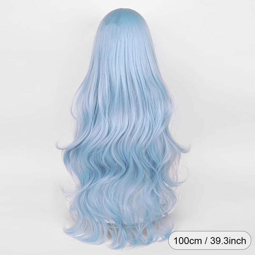 Long Wavy Synthetic Blue Women Wig with Bangs Fluffy Anime Game Cosplay Heat Resistant Wig for Daily Party