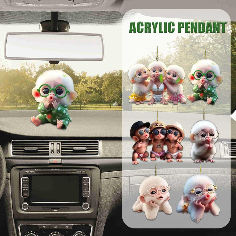2D Monkey-Shaped Car Pendant Hanging Ornament with Chain Realistic Animal Rearview Mirror Hanging Decor Car Interior Accessories