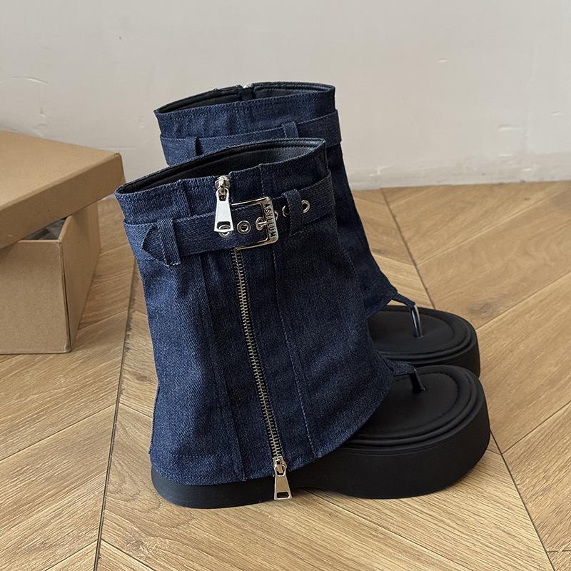 Niche designer jeans tube boots women's summer new thick-soled fashion buckle tooling boots handsome Martin boots
