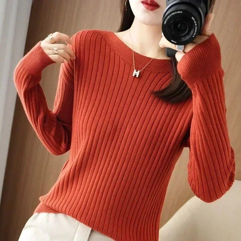 Pulover cu guler rotund Femei Ocazional Topuri tricotate largi Office Lady Fashion Pulover cu mânecă lungă în dungi Haine Tragere caldă 29558