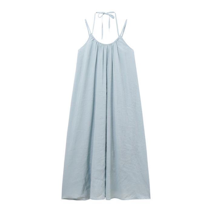 Seaside vacation style blue suspender dress women's spring new loose backless strap A-word long dress ins trend