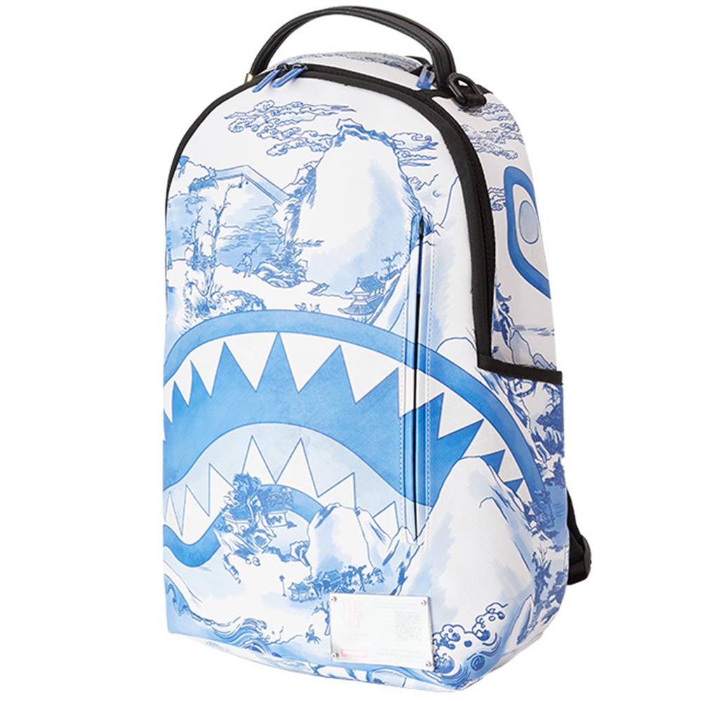 Sprayground X Metropolitan Museum Of Art Collaboration Shark Logo Blue And White Oil Painting Backpack Unisex Backpack Light-Blue W1045739