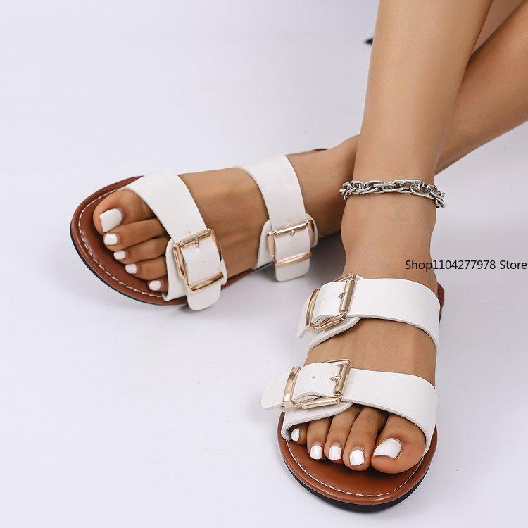 Fashion Fashion Sandals Women PU Leather Metal Detailed Buckle Strap Plus Size 43 Summer Beach Ladies Mid-heel Shoes Luxury Sandalias
