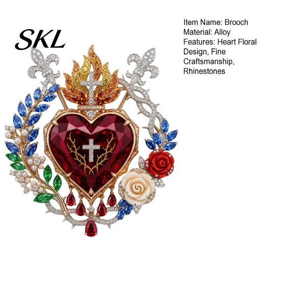 Religious Jewelry 1/2Pcs Radiant Sacred Heart Floral Faux Gemstone Brooch, Christian Pin for Women, Vintage Style Symbol Pin, Coat Dress Scarf,