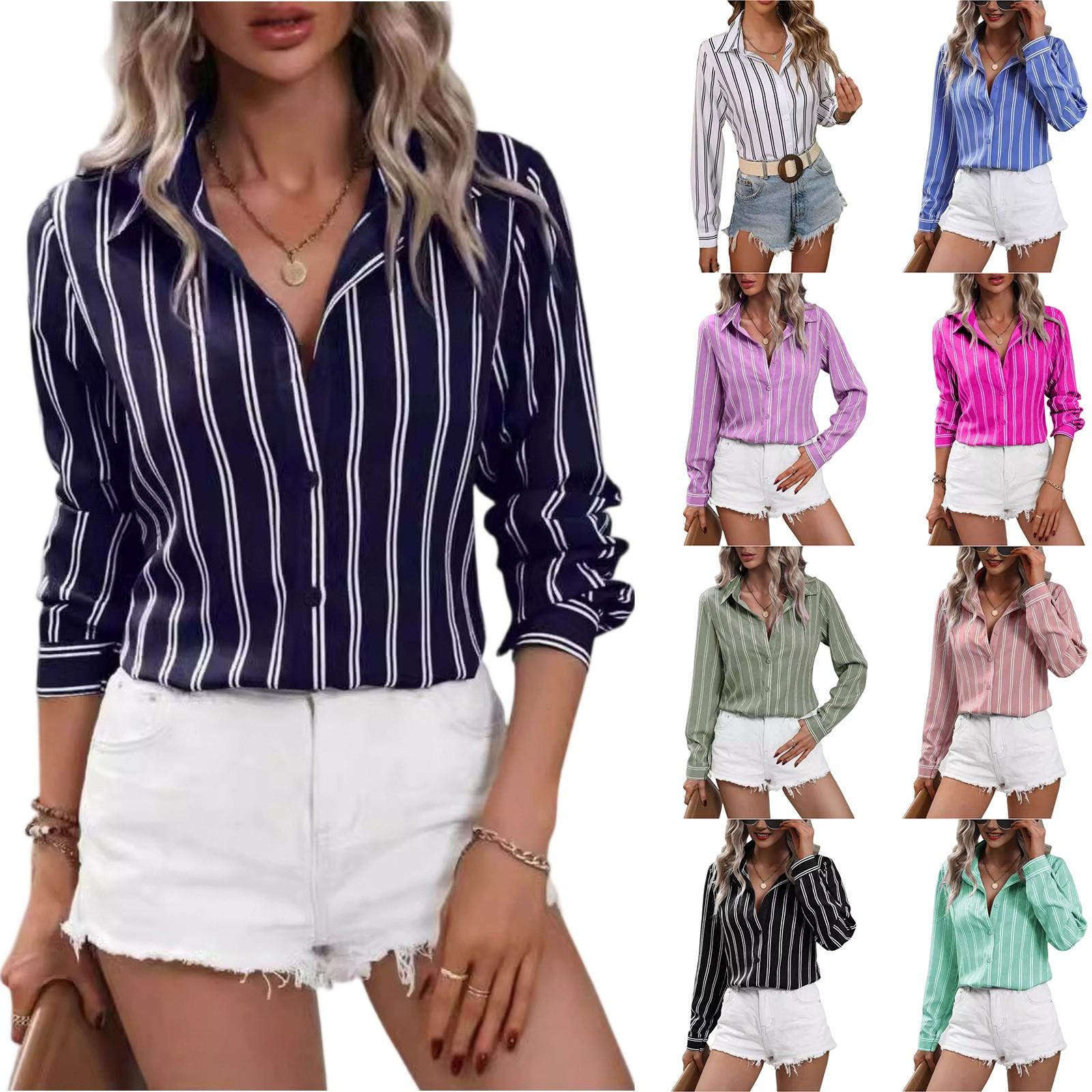 

Women s Shirt Button V Neck Striped Loose Long Sleeve Cardigan Shirt Fashion Casual Tops L чорний