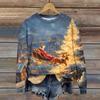 Damemote juletrykt langermet løs sweatshirt med rund hals