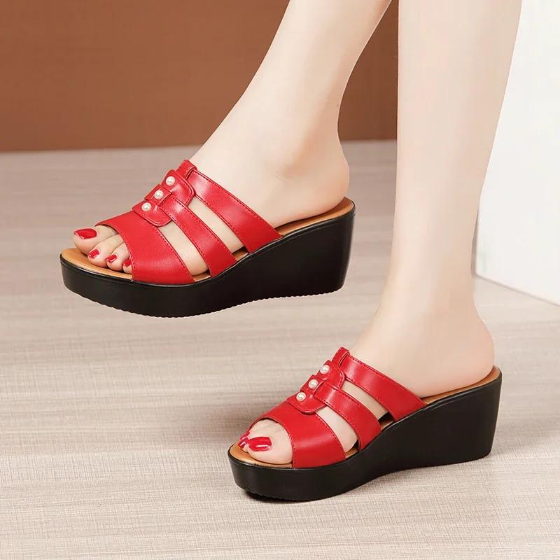 6cm Small Big Size 32-43 All Match Comfortable Thick Platform Wedges Slippers 2025 Med Heels Slides Leather Shoes Office Beach