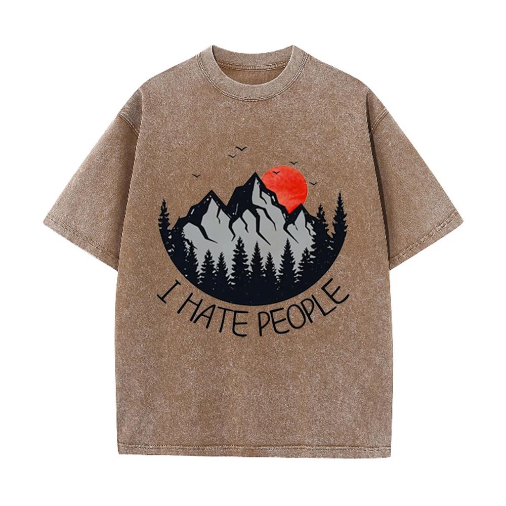 2026 Vintage Mountain Pine Forest Red Sunset Bird Graphic Brown Acid Washed T Shirt Retro Outdoor Funny Slogan Oversized Unisex